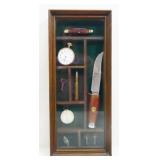 Shadow Box with Collectibles, Knives, Pocket Watch