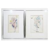 Two Original Clown Watercolor Paintings, Signed