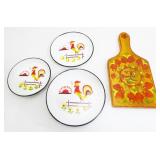 Enamelware Rooster Plates & Wood Cutting Board