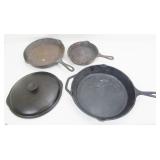 Grouping of Cast Iron Skillets & Lid, One Lodge