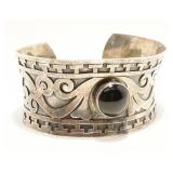 Wide "BA" Sterling Silver Onyx Cuff Bracelet 31.3g