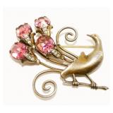 Vintage Sterling Silver Bird & Bouquet Brooch 19.7