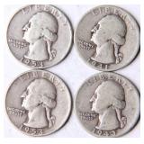 Four Washington Silver Quarters
