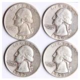 Four Washington Silver Quarters