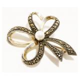 Marcasite Pearl 925 Silver Bow Brooch 5.9g