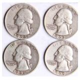 Four Washington Silver Quarters