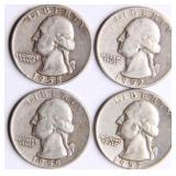 Four Washington Silver Quarters