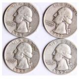 Four Washington Silver Quarters