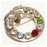 Vtg Sterling Silver Gemstone Wreath Brooch 6.9g