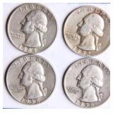 Four Washington Silver Quarters