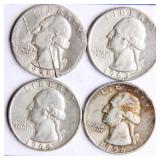 Four Washington Silver Quarters