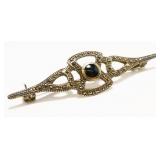 Sterling Silver Marcasite & Onyx Brooch 4.8g