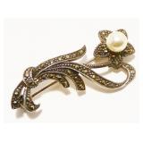Sterling Silver Marcasite Pearl Flower Brooch 4.7g