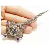 Large 925 Silver Amethyst Marcasite Brooch 16.2g