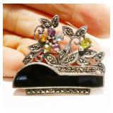 Sterling Silver Gemstone Floral Brooch 10.1g