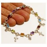 925 Silver Gemstone Heart/Cross Bracelet 7" 11.8g