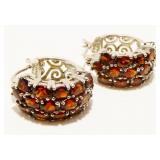 Garnet & Sterling Silver Hoop Earrings 8.1g