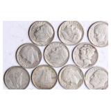 Eight Mercury Silver Dimes & Two Unknown Coins