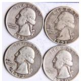 Four Washington Silver Quarters