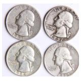 Four Washington Silver Quarters