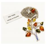 "G" Amber & 925 Silver Tree Pendant Necklace 7.1g