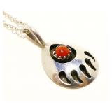 Zuni 925 Silver & Coral Bear Claw Necklace 2.4g