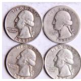 Four Washington Silver Quarters
