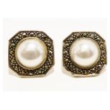 Sterling Silver Marcasite Pearl Earrings 5g