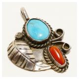 Navajo Turquoise Coral 925 Silver Pendant 3.4g