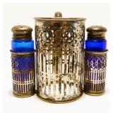 Sterling Silver Cobalt Glass S&P Shakers & Holder*