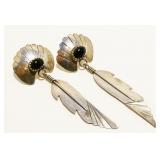 Navajo Onyx & Sterling Silver Feather Earrings 7g
