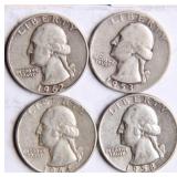 Four Washington Silver Quarters