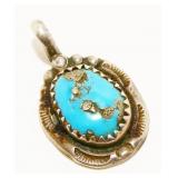 Signed L Navajo Turquoise 925 Silver Pendant 2.6g
