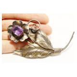 Large Vtg 925 Silver Amethyst Flower Brooch 21.5g