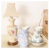 Box Lot: Lamp & Ceramic Pitchers