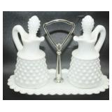 Vtg Fenton Milk Glass Hobnob Glass Cruet Set