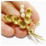 Vtg Signed C. Reis Co 12K GF Wheat & Pearl Brooch