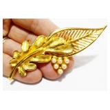 Vintage Gold-Tone Oak Leaf w/ Faux Pearl Brooch