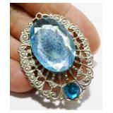 Vtg Art-Deco Style Silver-Tone & Aqua Glass Brooch