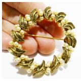Vintage Faux Pearl & Gold-Tone Leaf Wreath Brooch
