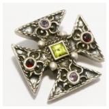 925 Silver & Gemstone Maltese Cross Pendant 11.5g