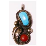 Old Pawn 925 Silver Turquoise & Coral Pendant 3.1g