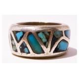 Wide Sterling Silver & Turquoise Ring Sz 5.5 9.9g