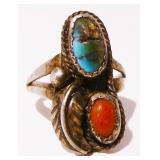 Old Pawn 925 Silver Turquoise Coral Ring Sz 5 3.7g