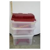 3 totes with lids, light damage shown