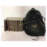 Encyclopedias, back pack & shirt sz. S