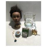 Head, flower stand, glass vase, rock