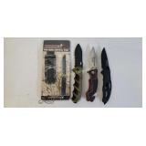 3 Folding Pocket Knives and 1 Fixed Blade
