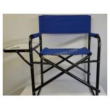 Royal blue folding lawn chair with fold-out side