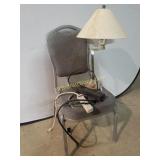 Chair, Lamp. Power Strips